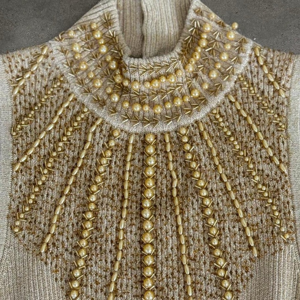 💔SOLD💔 Cache Gold Knit Top with Beaded Detail - Picture 3 of 5